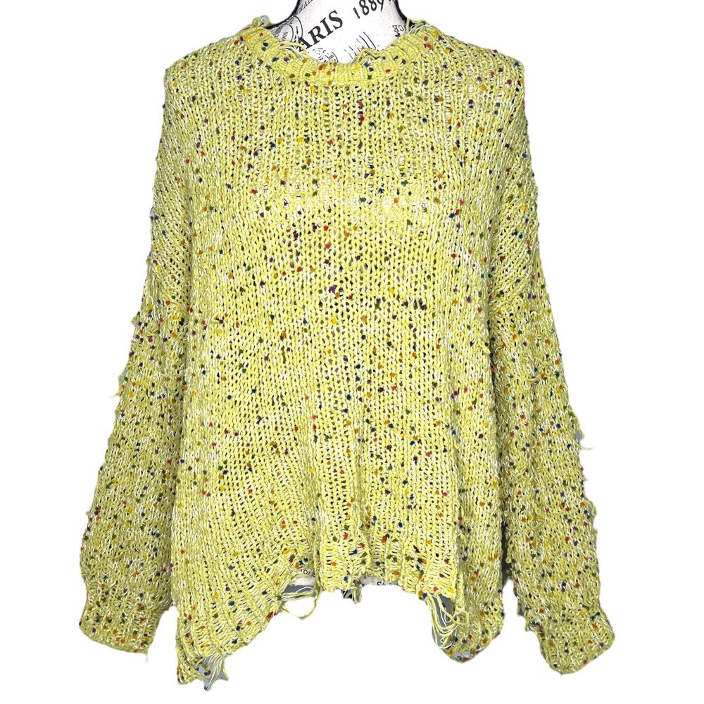 La Miel (M/L) Lime Oversized Loop Knit Sweater Raw Hem Distressed Boho Pullover